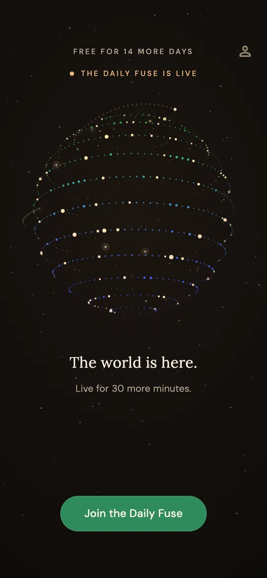 The Daily Fuse, live: the globe with city lights igniting and threads drawing between them. The world is here.