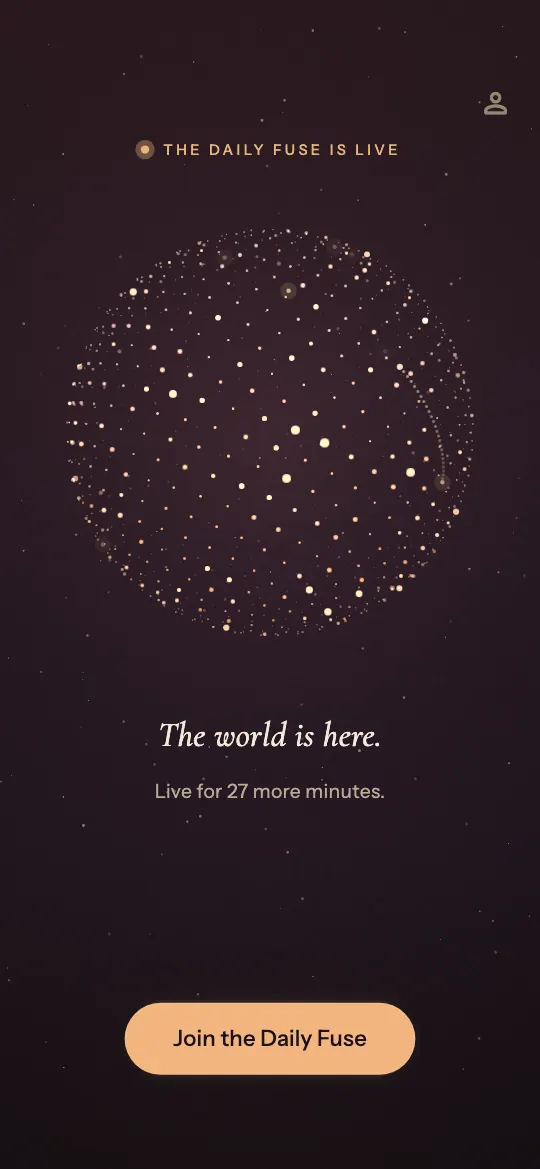 The Daily Fuse, live: a globe of warm points of light, turning. The world is here. Live for 27 more minutes.