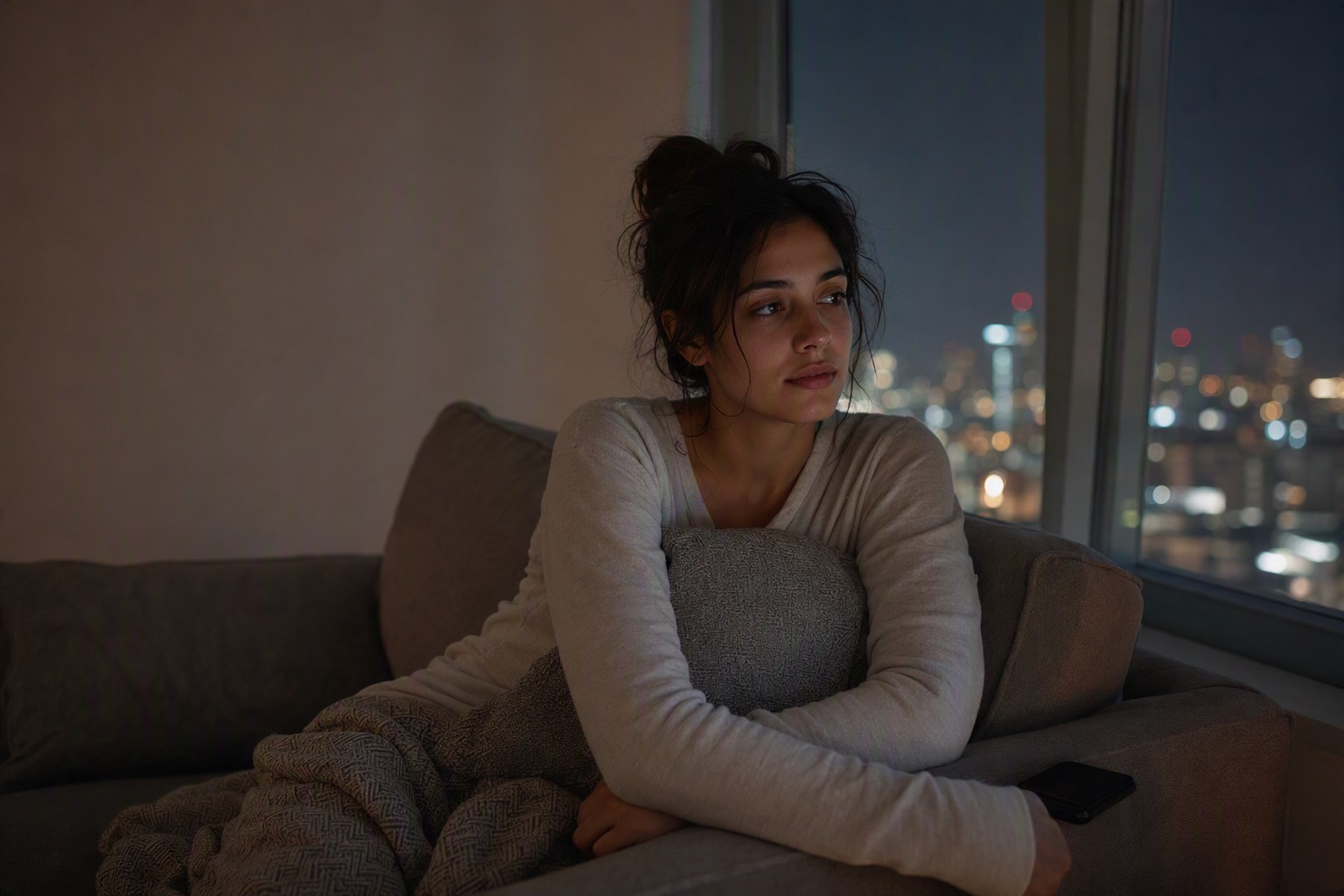 A night owl sitting awake in a dark room late at night while the rest of the house sleeps.