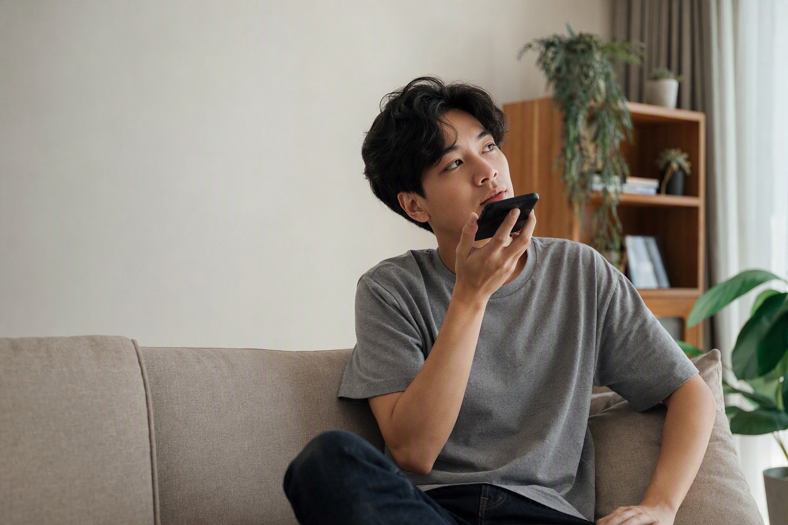 Someone alone at home in the evening, phone in hand, wanting a real conversation instead of more scrolling