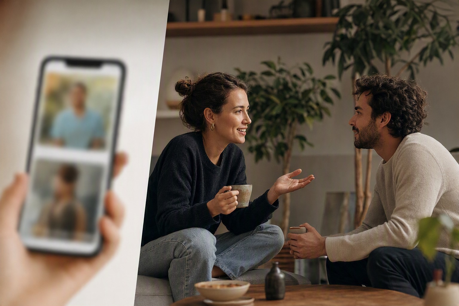 Two people in a warm one-to-one voice conversation on their phones, no profiles or swiping involved