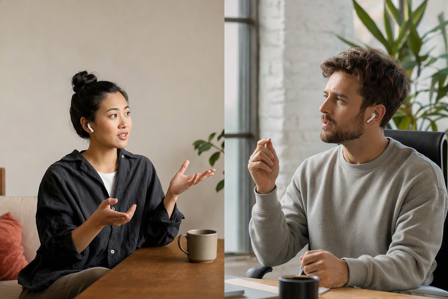 A woman and a man each on a voice call at home, mid-conversation