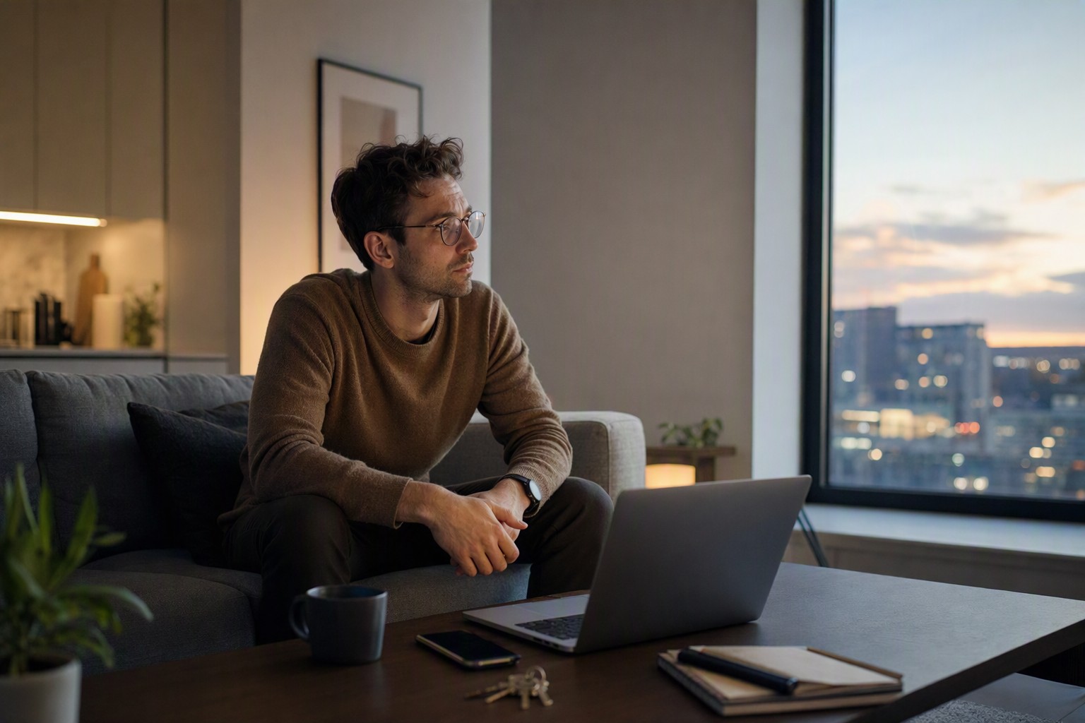 A person in their thirties sitting alone at home in the evening, phone in hand.