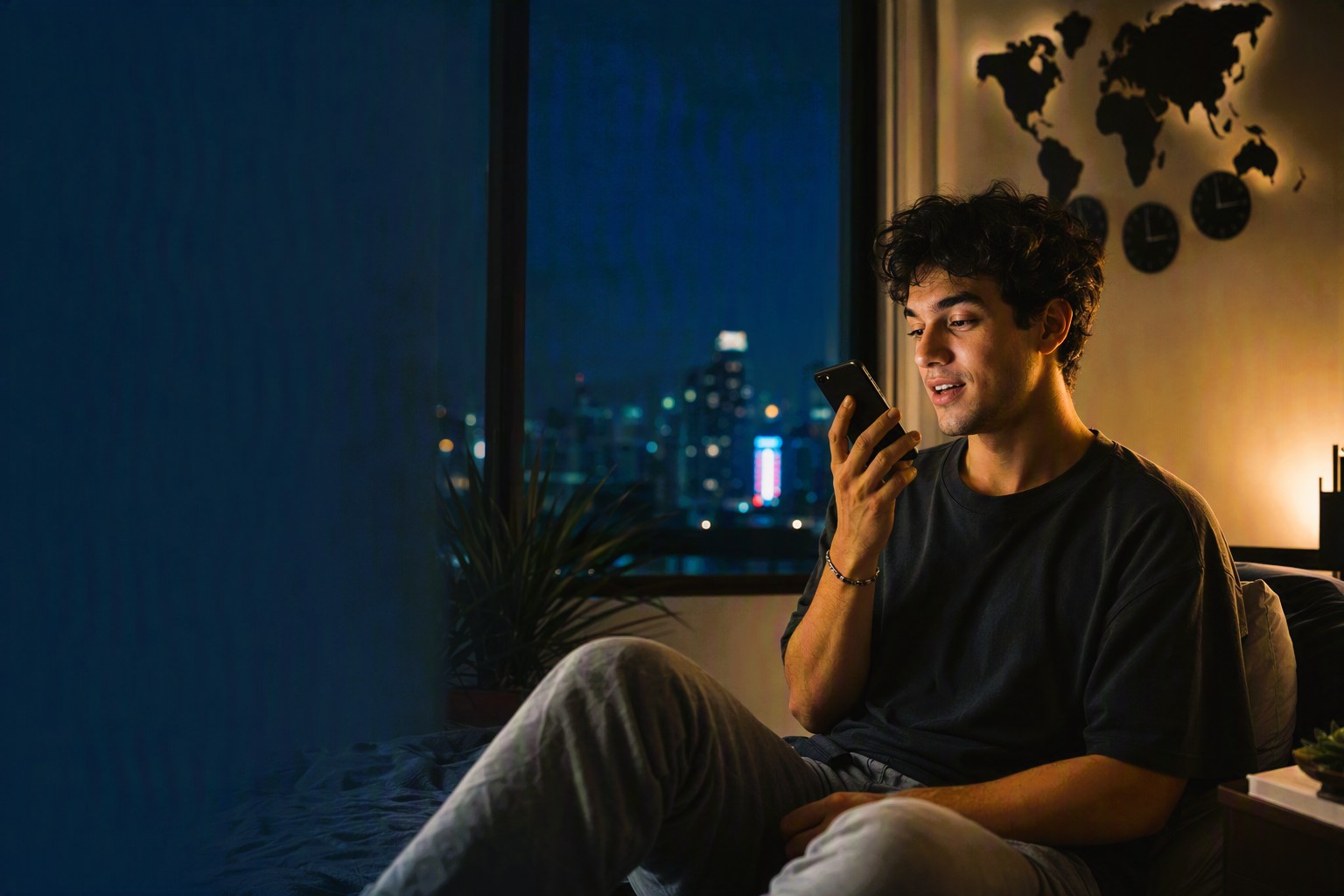 A night owl in a dimly lit room talking on a voice chat while the rest of the city sleeps