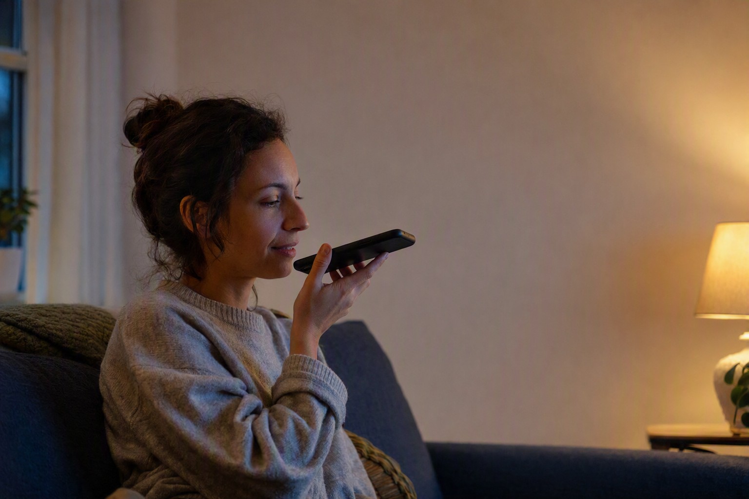 A person chatting safely by voice on their phone, no camera, no profile, and nothing recorded.