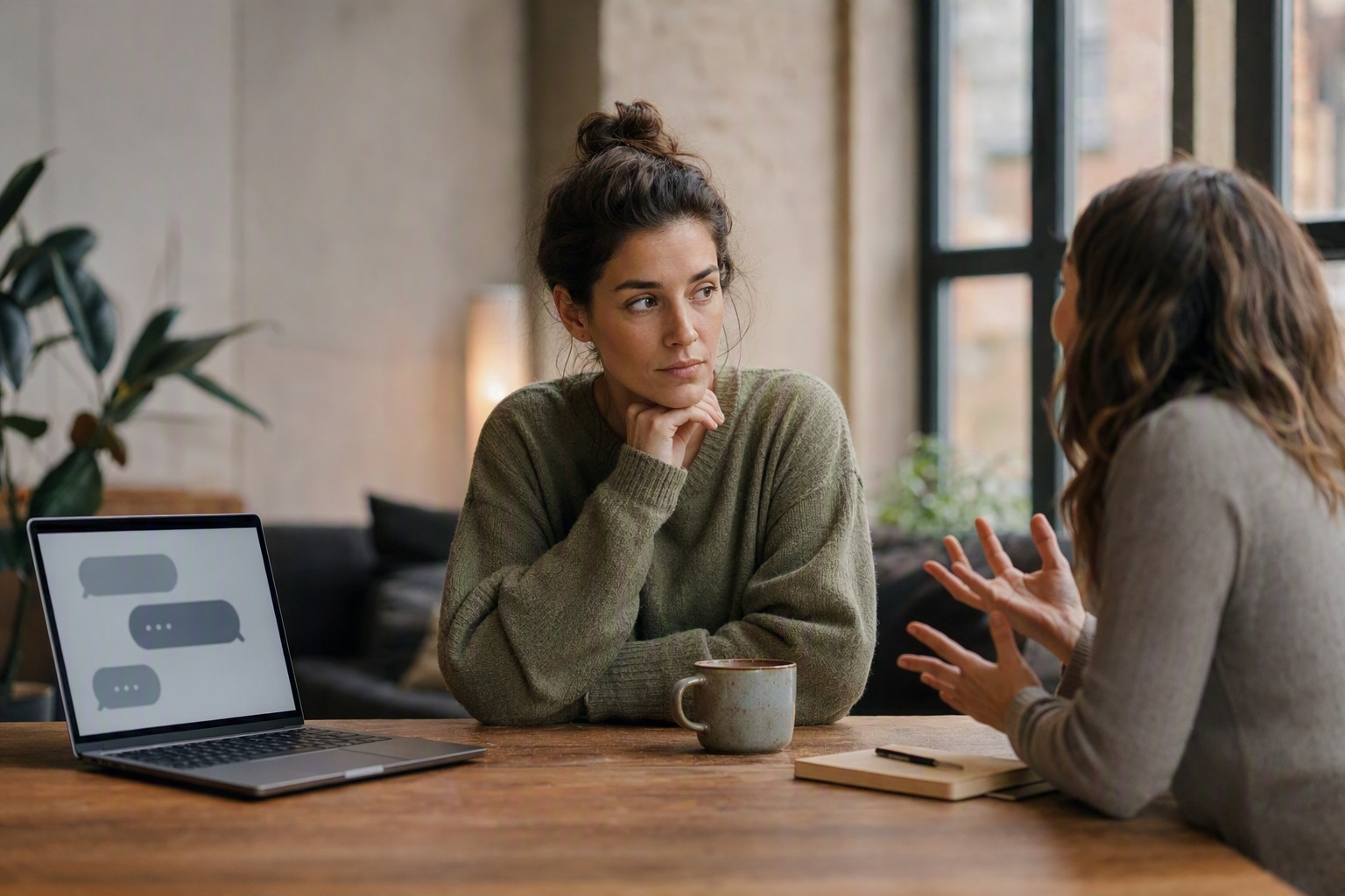 A person deciding between typing to an AI chatbot on a screen and having a real voice conversation with another human