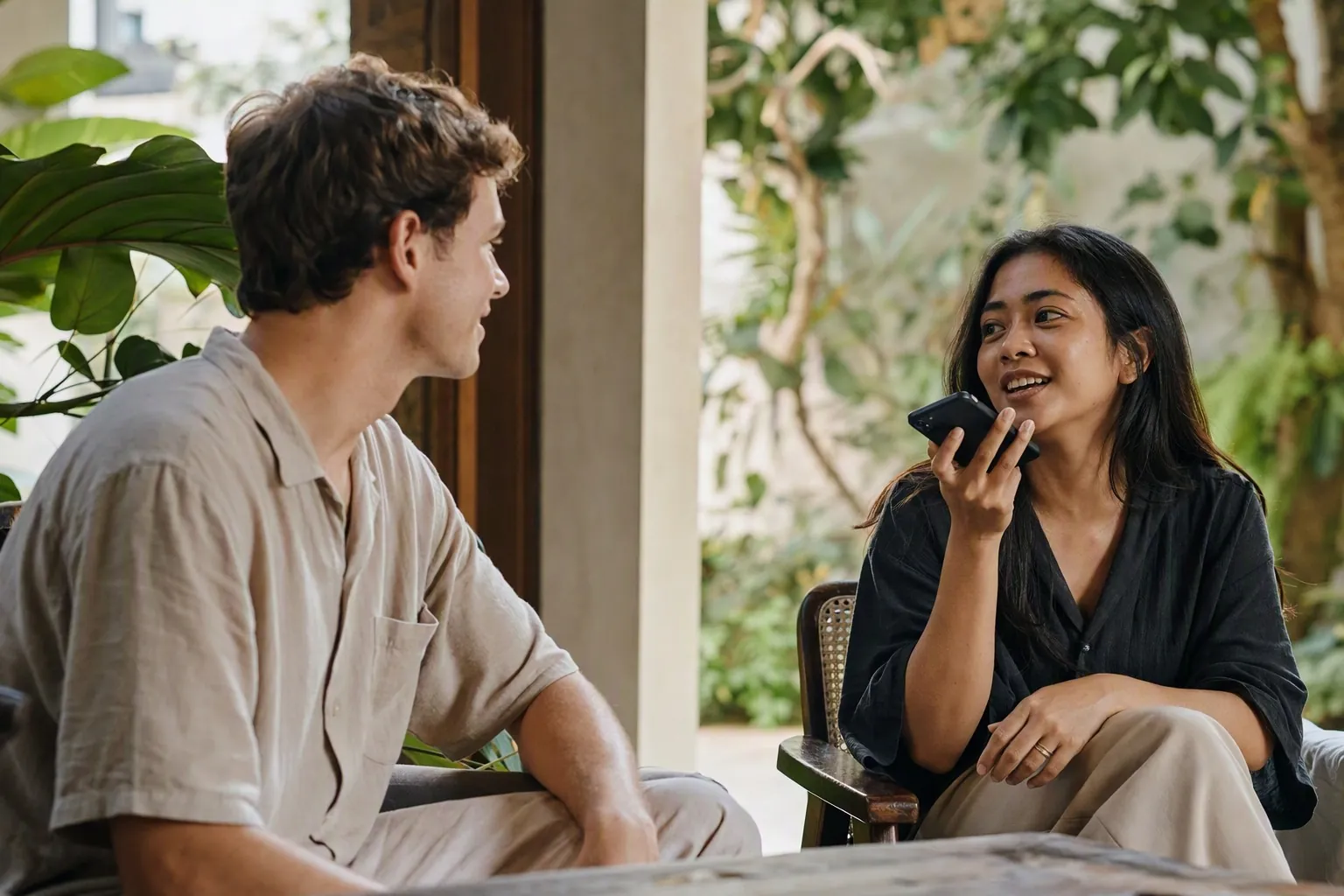 An Indonesian woman smiling as she speaks into her phone on a shaded veranda with tropical plants, while a man sits across from her and listens.