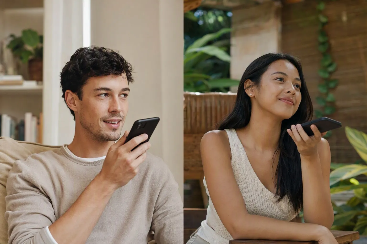 A man at home and a Filipino woman on a leafy terrace, each smiling as they talk to each other on a voice call.