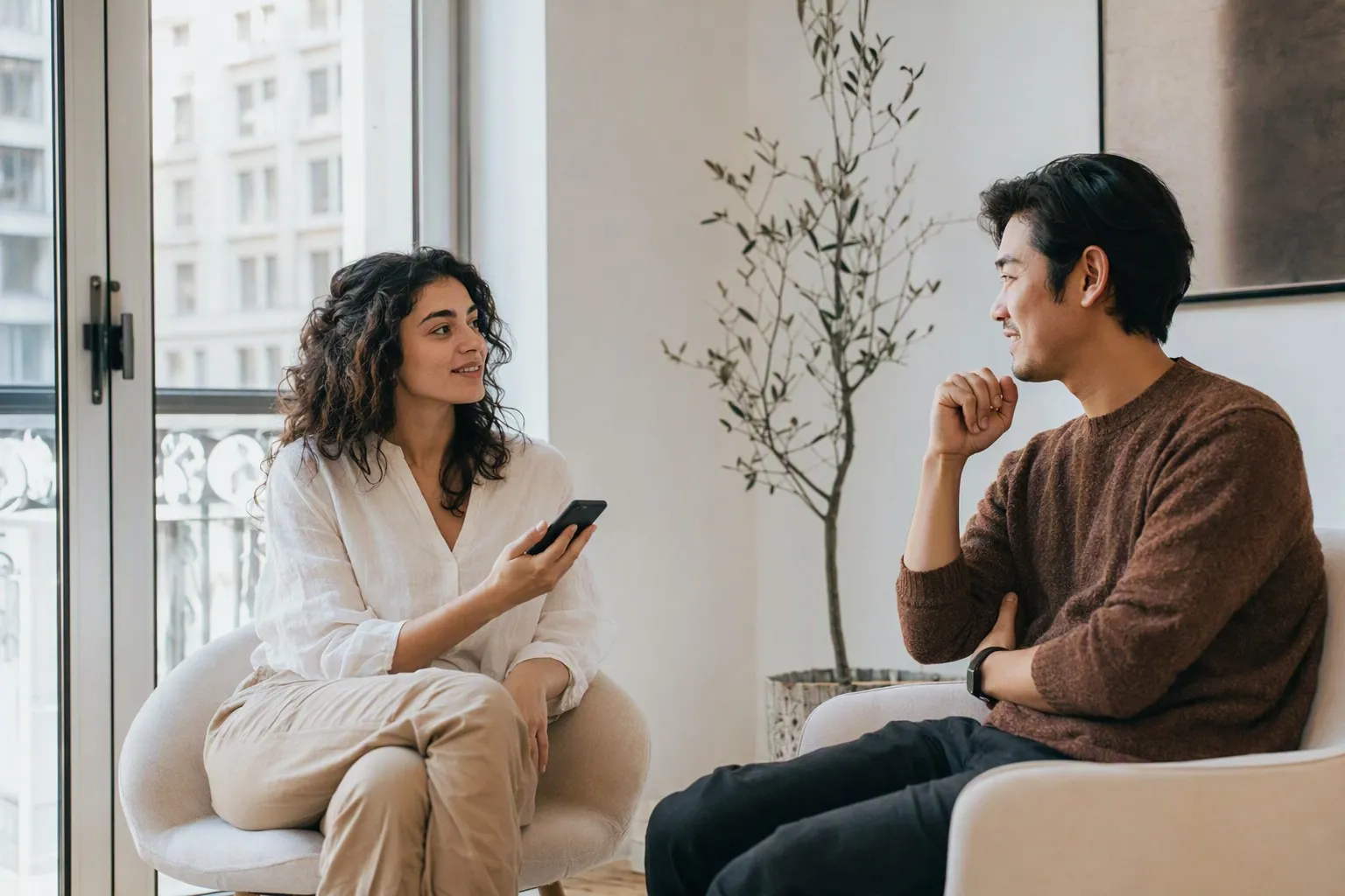 Two people from different countries sitting across from each other in a bright European apartment, one holding a phone, both smiling mid-conversation.