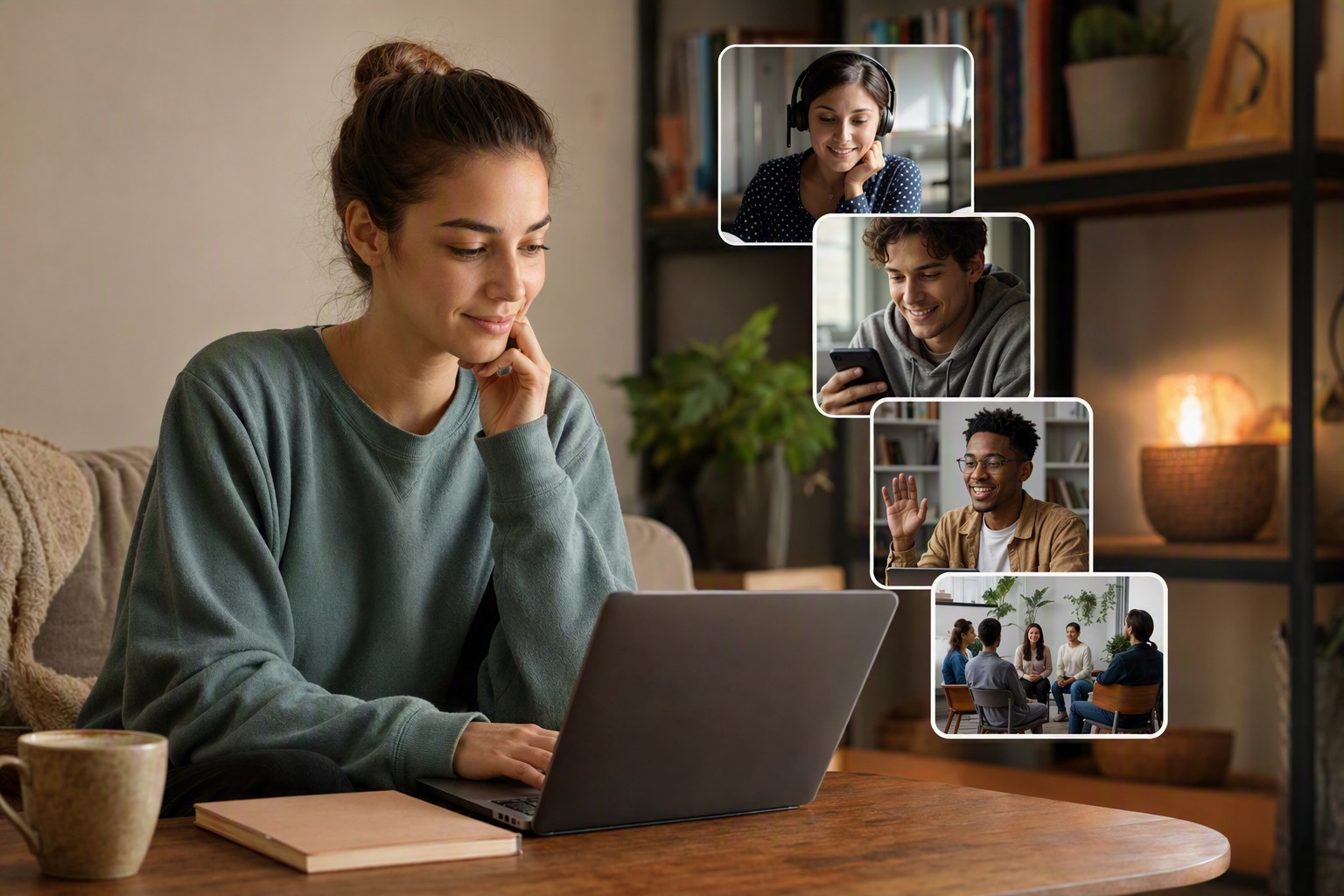 A person relaxing at home with headphones on, talking to someone online in a real voice conversation.