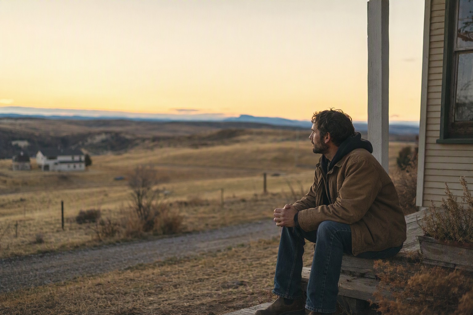 A man sitting alone on a rural farmhouse porch at dusk, looking out over empty land