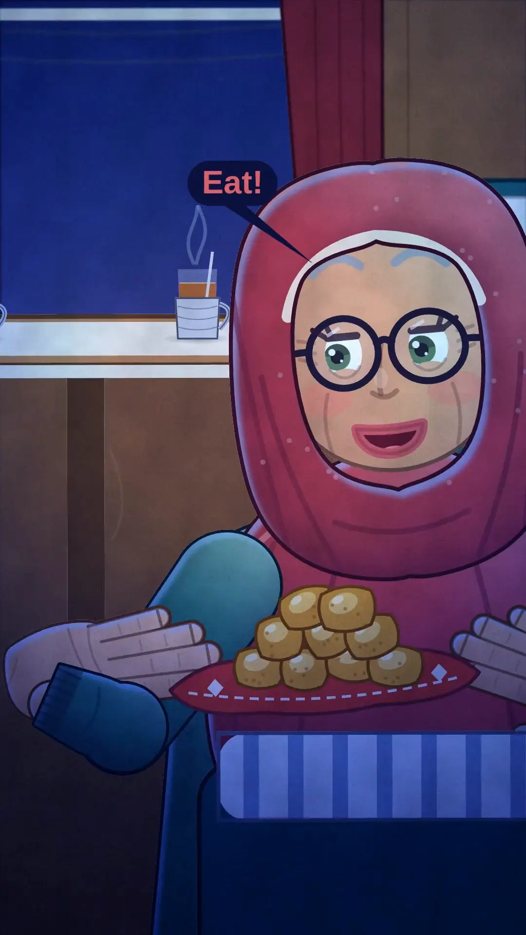 An animated old woman in a red headscarf smiles and holds out a plate of warm baursak across a night train compartment.