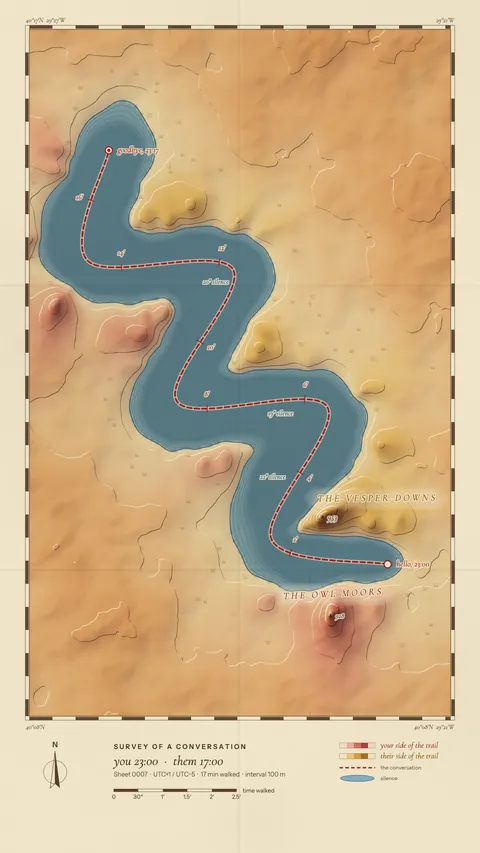 Contour: a sand-coloured survey map with a winding blue river and contour lines.