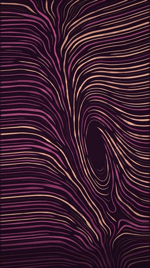 Flux: fine curving lines in rose and amber on deep plum, swirling around one dark eye.