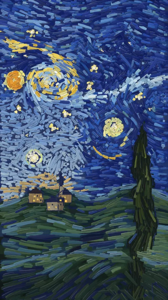 Nocturne: swirling strokes of cobalt and chrome yellow above a cypress and a small village with lit windows.