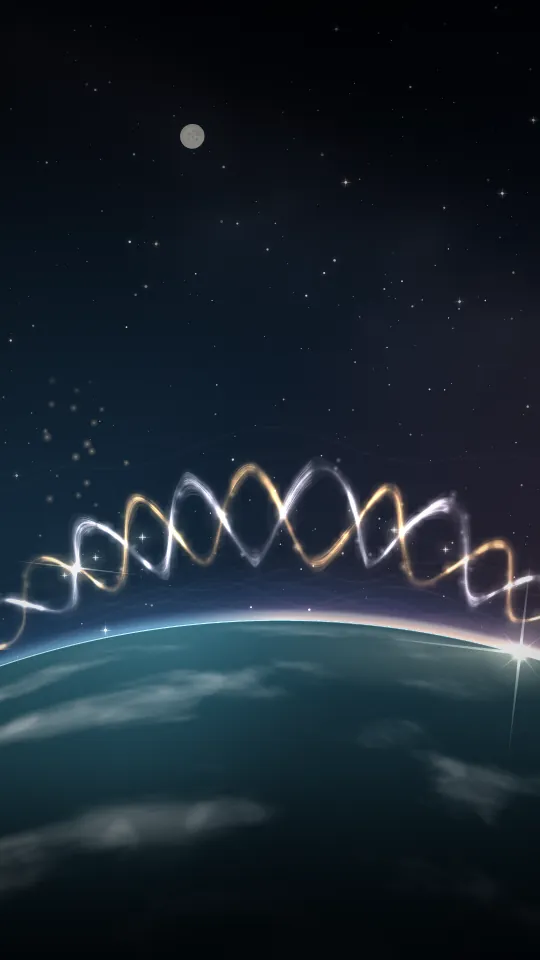 The Thread: a twisting rope of amber and pearl light arcs over the dark curve of the Earth.