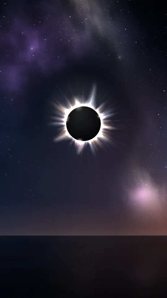 Totality: a black moon covers the sun, ringed by a bright white corona in a violet night sky.
