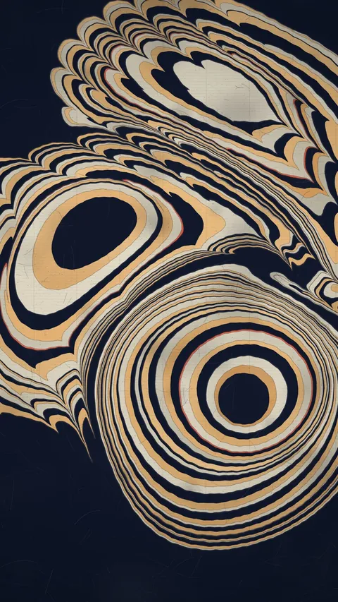 Marbled: rings of cream, gold and navy flowing into each other like marbled paper.