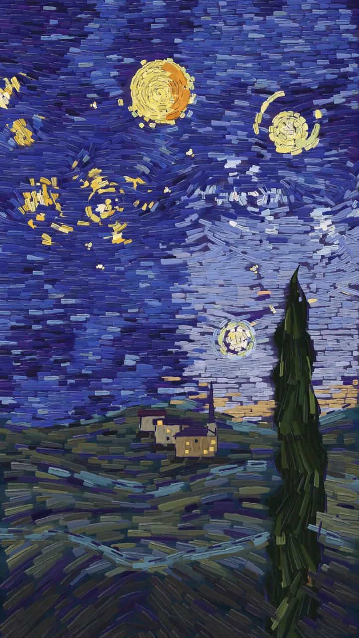 Nocturne, from a calm conversation: a quieter ultramarine sky with a golden moon and haloed stars, a dark cypress on the right and a few lit windows below.