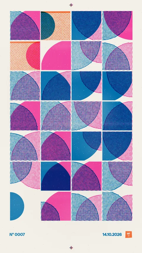 Riso: a poster grid of overlapping quarter circles in pink, blue and violet ink.