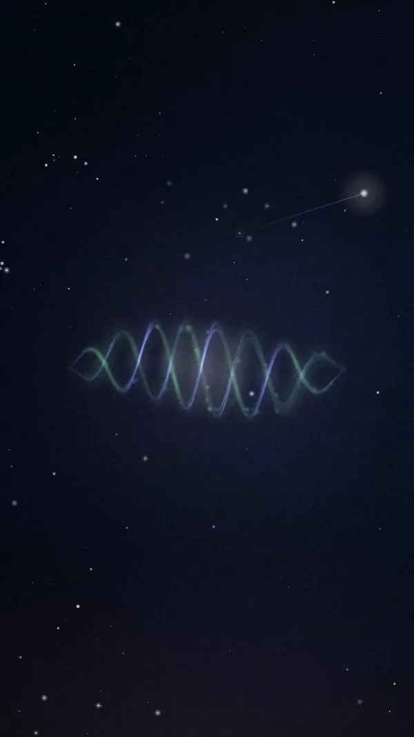 The standard Weave in the app: a twisting rope of blue and green light floating in a starry night sky.