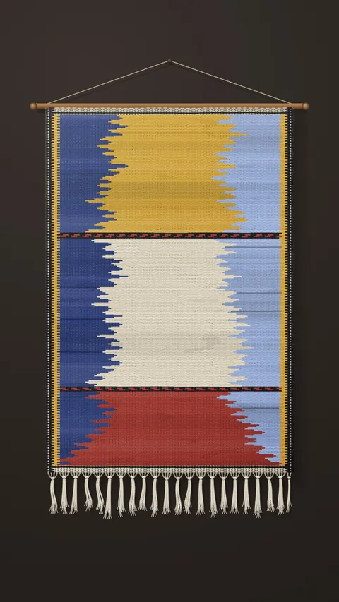Tapestry: a hanging woven textile in yellow, blue, cream and red, with a white fringe.