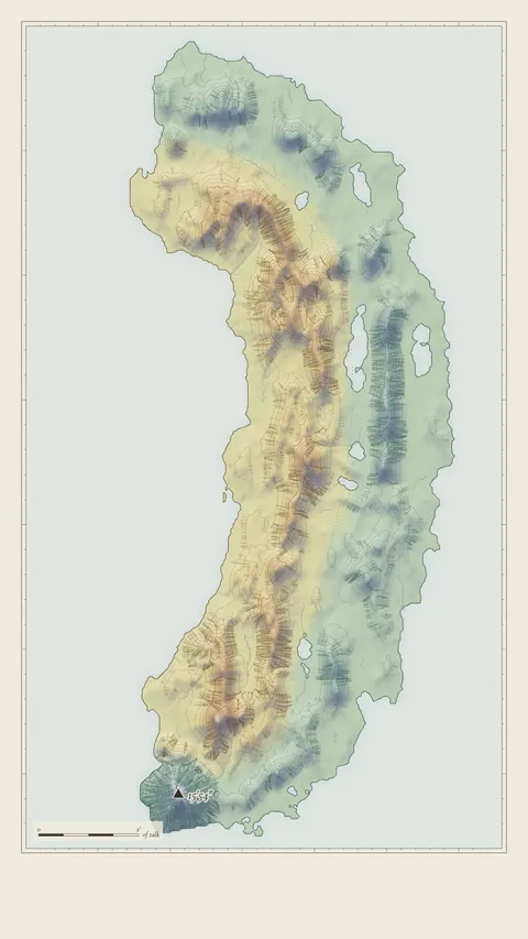 Terrain: a long island in relief, green lowlands rising to sandy ridges, on a pale sea.