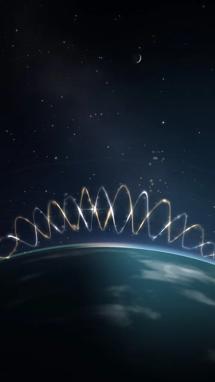 The Thread, from a calm conversation: a gentler rope of light arcs above a blue Earth, with a thin crescent moon in the black sky.