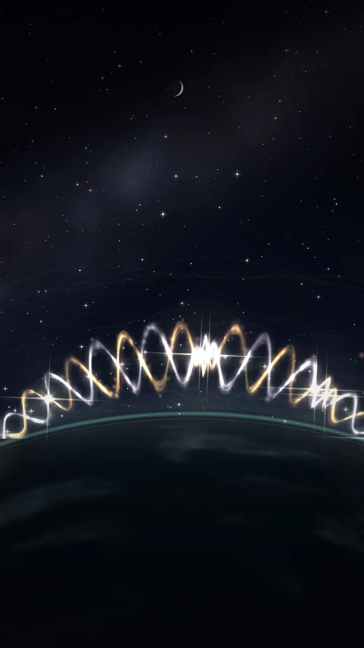 The Thread, from a lively conversation: a twisting rope of amber and pearl light arcs over the dark curve of the Earth, bright where the voices met.