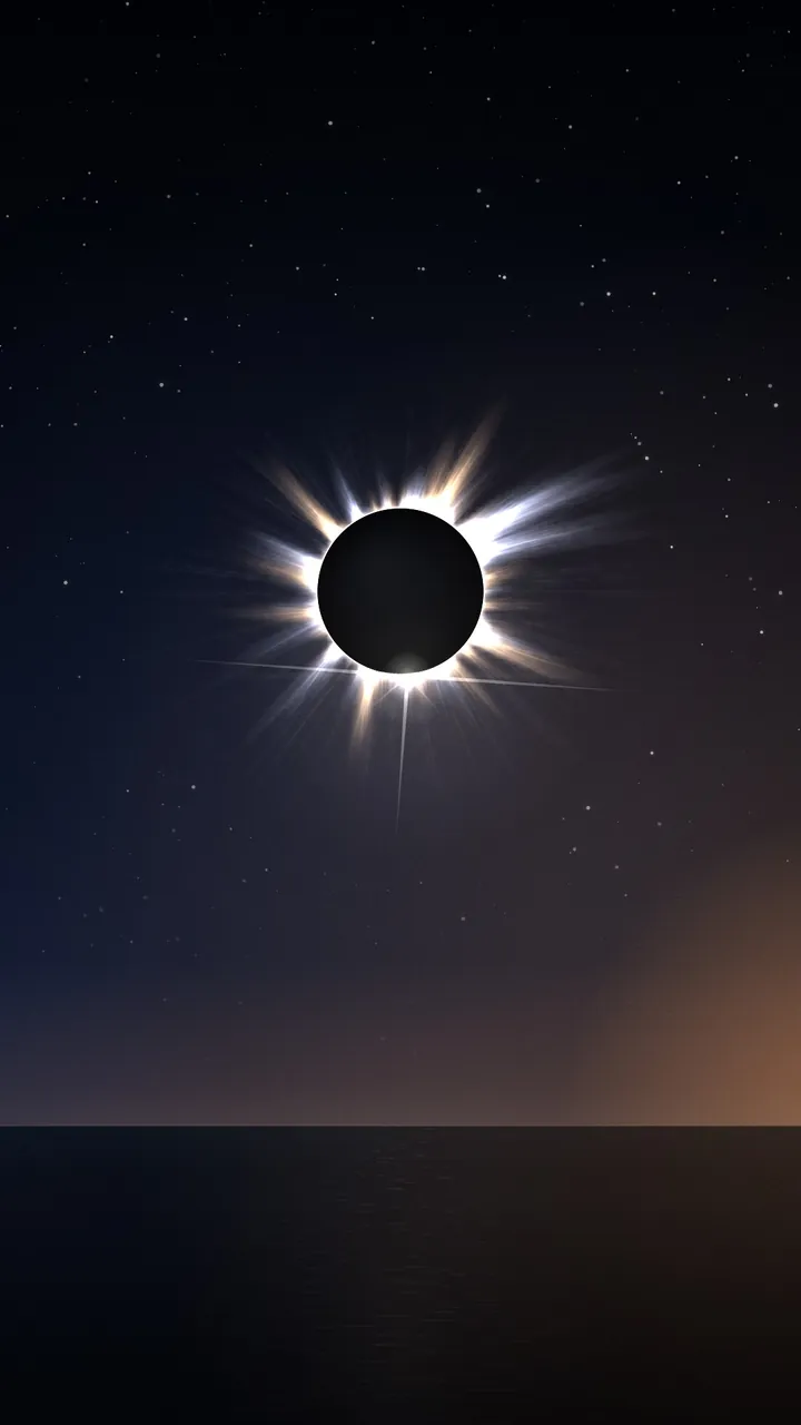 Totality, from a calm conversation with long silences: the eclipse sits higher, its corona softer, with a warm glow of daylight low on one side of the horizon.